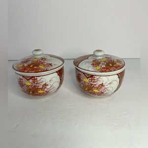 2 Vintage Colourful Japanese‎ Kutani Porcelain Teacups With GoldGilt Lid Signed